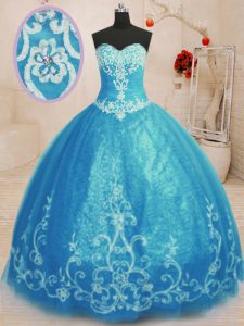 Beading and Embroidery Ball Gown Prom Dress Baby Blue Lace Up Sleeveless Floor Length