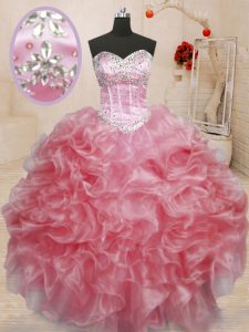 Customized Floor Length Baby Pink Quinceanera Gown Sweetheart Sleeveless Lace Up