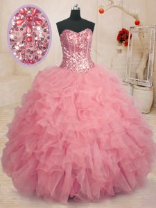 Sweetheart Sleeveless Organza Quinceanera Gown Beading and Ruffles Lace Up