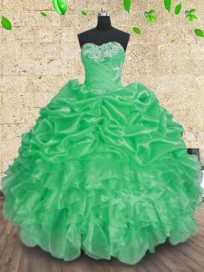 New Arrival Organza Sweetheart Sleeveless Lace Up Beading and Appliques and Ruffles and Ruching Quinceanera Gown in Green