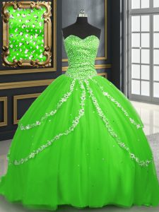 Charming Tulle Lace Up 15 Quinceanera Dress Sleeveless With Brush Train Beading and Appliques