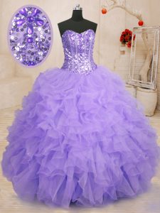Lavender Ball Gowns Sweetheart Sleeveless Organza Floor Length Lace Up Beading and Ruffles Quinceanera Gown