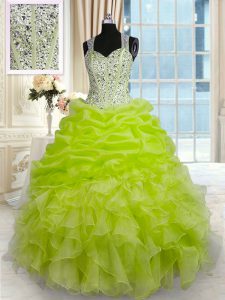 Popular Sleeveless Organza and Taffeta Floor Length Zipper Quinceanera Dresses in Yellow Green with Beading and Ruffles and Pick Ups