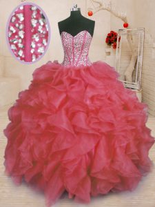 Lovely Coral Red Organza Lace Up Sweet 16 Quinceanera Dress Sleeveless Floor Length Beading and Ruffles