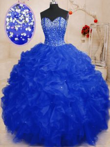High Class Royal Blue Ball Gowns Organza Sweetheart Sleeveless Beading and Ruffles Floor Length Lace Up Ball Gown Prom Dress