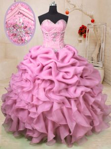 Trendy Organza Sweetheart Sleeveless Lace Up Beading and Ruffles and Pick Ups Sweet 16 Dresses in Baby Pink