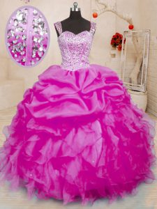 Fuchsia Straps Neckline Beading and Ruffles and Pick Ups 15th Birthday Dress Sleeveless Lace Up