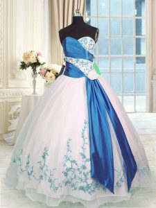 Blue And White Sweetheart Lace Up Embroidery and Sashes ribbons Quince Ball Gowns Sleeveless