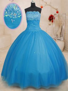 Baby Blue Strapless Neckline Beading Quince Ball Gowns Sleeveless Lace Up