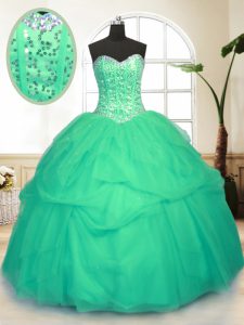 Sexy Sequins Pick Ups Green Sleeveless Tulle Lace Up Quinceanera Dress for Military Ball and Sweet 16 and Quinceanera