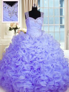 Ideal Sleeveless Floor Length Beading and Ruffles Zipper Ball Gown Prom Dress with Lavender