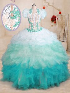 Best Multi-color Ball Gowns Sweetheart Sleeveless Organza With Brush Train Lace Up Beading and Appliques and Ruffles Quinceanera Gowns