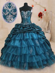 Teal Organza and Taffeta Lace Up Sweetheart Sleeveless With Train Quinceanera Gown Sweep Train Beading and Appliques and Ruffled Layers and Pick Ups