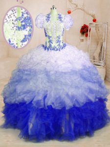 Traditional Sleeveless With Train Beading and Appliques and Ruffles Lace Up Ball Gown Prom Dress with Multi-color Brush Train