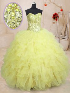 Latest Light Yellow Sweetheart Lace Up Beading and Ruffles Quinceanera Dresses Sleeveless