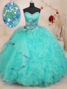 Decent Sleeveless Floor Length Beading and Ruffles Lace Up Quinceanera Gowns with Aqua Blue