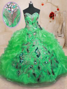 Green Sleeveless Floor Length Beading and Appliques and Ruffles Zipper 15th Birthday Dress
