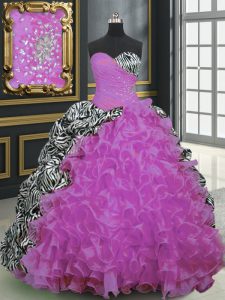 Spectacular With Train Fuchsia Quinceanera Gowns Organza and Printed Brush Train Sleeveless Beading and Ruffles and Pattern