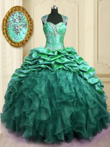 Deluxe Cap Sleeves With Train Beading and Ruffles and Pick Ups Lace Up 15th Birthday Dress with Turquoise Brush Train
