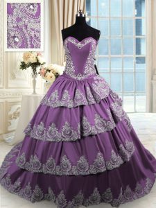 Purple Lace Up Sweetheart Beading and Appliques and Ruffled Layers 15 Quinceanera Dress Taffeta Sleeveless