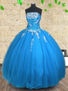 Blue Lace Up Sweet 16 Dress Appliques and Ruching Sleeveless Floor Length