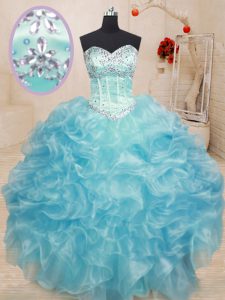 Aqua Blue Sweetheart Neckline Beading and Ruffles 15th Birthday Dress Sleeveless Lace Up