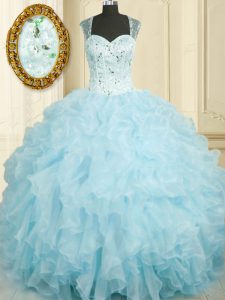 Charming Baby Blue Ball Gowns Organza Straps Sleeveless Beading and Ruffles Floor Length Lace Up Sweet 16 Dress