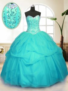 Tulle Sleeveless Floor Length 15th Birthday Dress and Sequins and Pick Ups