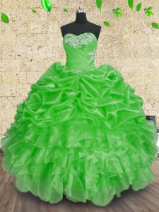 Organza Sweetheart Sleeveless Lace Up Beading and Appliques and Ruffles and Ruching Sweet 16 Dress in Green