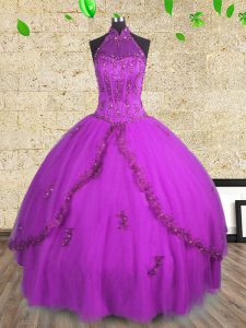 Halter Top Purple Lace Up 15 Quinceanera Dress Beading Sleeveless Floor Length