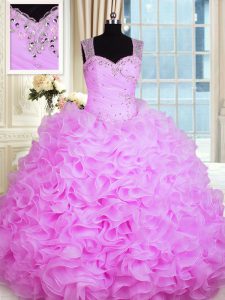 Hot Selling Rose Pink Ball Gowns Organza Sweetheart Sleeveless Beading and Ruffles Floor Length Zipper Quinceanera Dresses