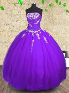 Eye-catching Purple Quinceanera Gowns Military Ball and Sweet 16 and Quinceanera and For with Appliques and Ruching Strapless Sleeveless Lace Up
