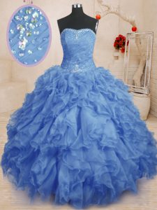 Exceptional Blue Ball Gowns Beading and Ruffles and Ruching Sweet 16 Dresses Lace Up Organza Sleeveless Floor Length