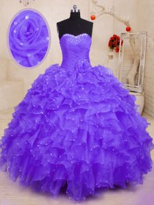 Attractive Sleeveless Beading and Ruffles and Hand Made Flower Lace Up Sweet 16 Dress