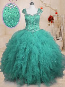 Turquoise Lace Up Sweet 16 Quinceanera Dress Beading and Ruffles Cap Sleeves Floor Length