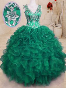 Dark Green Ball Gowns Organza V-neck Sleeveless Beading and Embroidery and Ruffles Floor Length Zipper Quince Ball Gowns