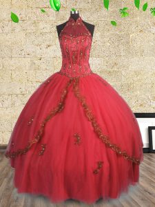 Red Lace Up Halter Top Beading Quinceanera Dresses Tulle Sleeveless