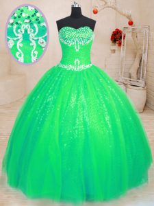Green Lace Up Sweetheart Beading Quinceanera Dress Tulle and Sequined Sleeveless