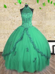 Halter Top Sleeveless Lace Up Ball Gown Prom Dress Turquoise Tulle