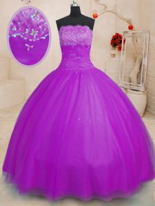 Captivating Purple Ball Gowns Beading Quinceanera Dresses Lace Up Tulle Sleeveless Floor Length