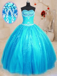 Baby Blue Tulle and Sequined Lace Up Sweetheart Sleeveless Floor Length Ball Gown Prom Dress Beading and Appliques