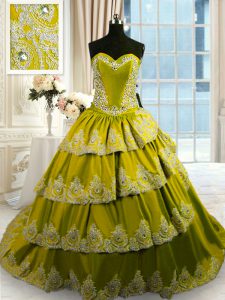 Fashionable With Train Lace Up Ball Gown Prom Dress Olive Green for Military Ball and Sweet 16 and Quinceanera with Beading and Appliques and Ruffled Layers Court Train