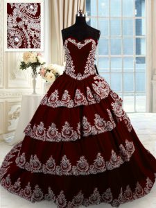 Vintage Sweetheart Sleeveless Quinceanera Dress With Train Court Train Beading and Appliques and Ruffled Layers Wine Red Taffeta