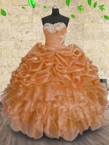 Orange Lace Up Vestidos de Quinceanera Beading and Appliques and Ruffles and Sequins Sleeveless Floor Length