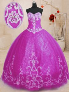 Beading and Embroidery 15th Birthday Dress Fuchsia Lace Up Sleeveless Floor Length