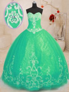 Hot Sale Floor Length Turquoise Quinceanera Dress Tulle Sleeveless Beading and Embroidery
