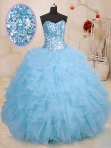 Baby Blue Sleeveless Beading and Ruffles Floor Length Quinceanera Gowns