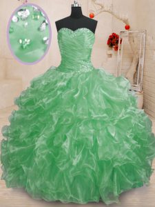Green Ball Gowns Organza Sweetheart Sleeveless Beading and Ruffles Floor Length Lace Up Quince Ball Gowns