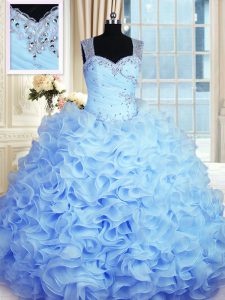 Floor Length Baby Blue Quinceanera Dresses Organza Sleeveless Beading and Ruffles