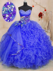 Glamorous Floor Length Lace Up 15 Quinceanera Dress Royal Blue for Military Ball and Sweet 16 and Quinceanera with Beading and Ruffles